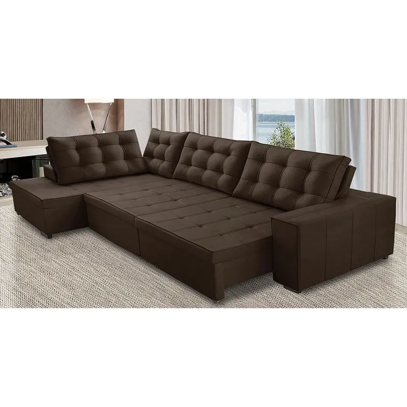 Sofá de Canto Retrátil e Reclinável com Molas 3,00x2,00 le Jacke Suede Marrom Madelina Decor