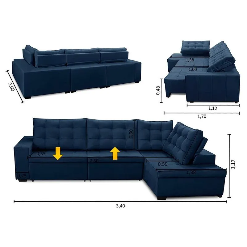 Sofá de Canto Retrátil e Reclinável com Molas 3,40x2,00 ld Jacke Suede Azul Madelina Decor