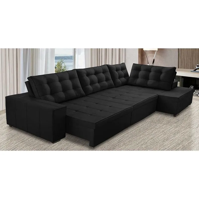 Sofá de Canto Retrátil e Reclinável com Molas 3,40x2,00 ld Jacke Suede Preto Madelina Decor
