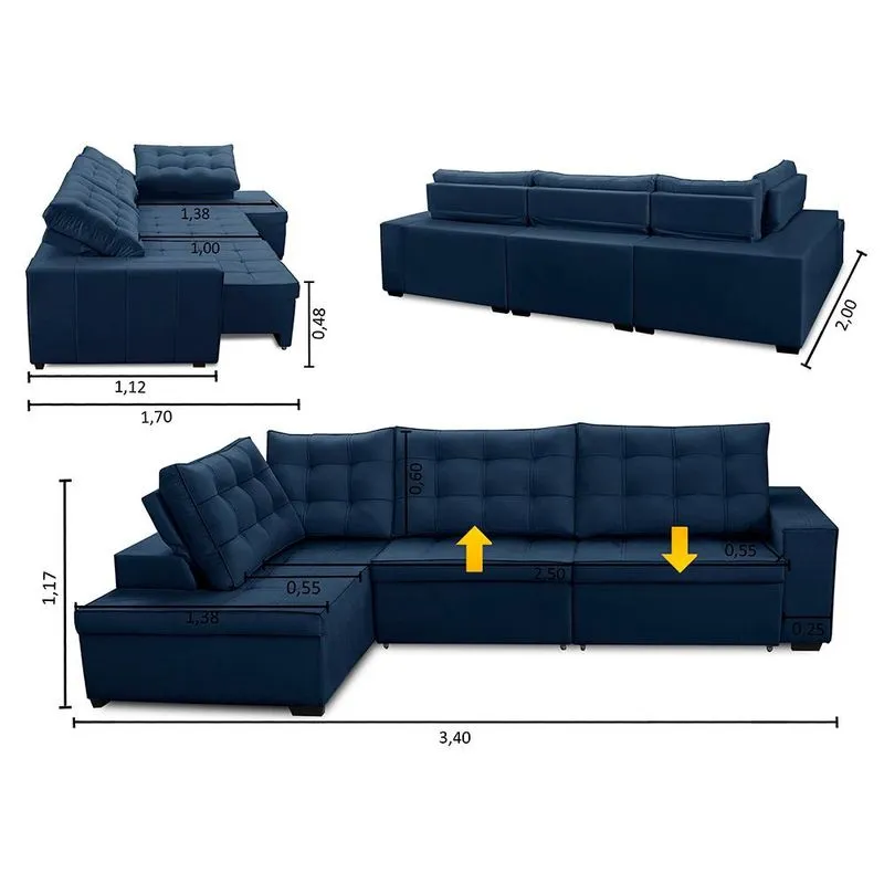 Sofá de Canto Retrátil e Reclinável com Molas 3,40x2,00 le Jacke Suede Azul Madelina Decor