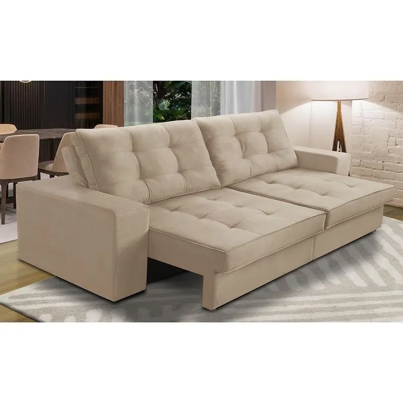 Sofá Retrátil e Reclinável 2 lugares 2,50m com Molas Giovana Suede Bege Madelina Decor