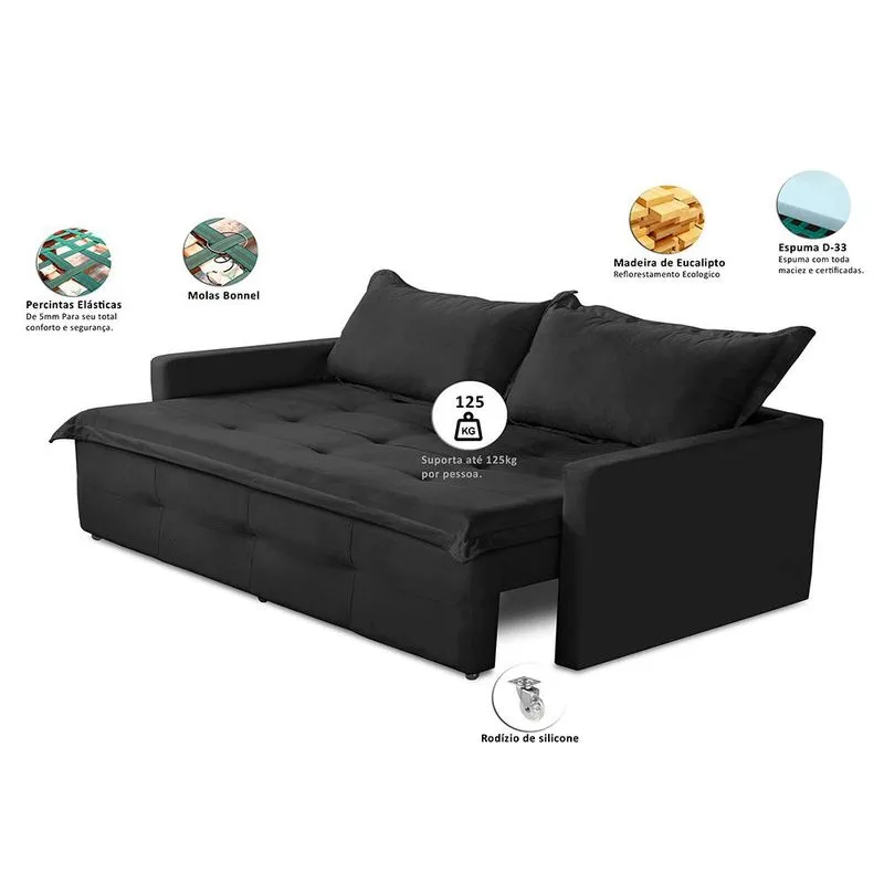 Sofá Sem Caixa Retrátil e Reclinável 1,65m com Molas Bianca Suede Preto Madelina Decor