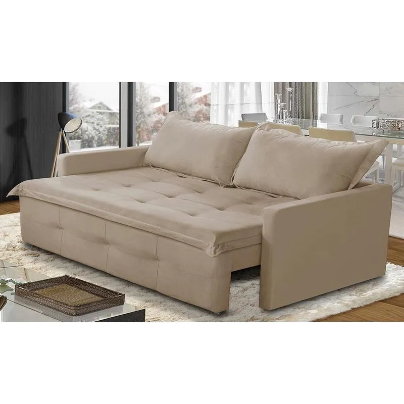Sofá Sem Caixa Retrátil e Reclinável 1,85m com Molas Bianca Suede Bege Madelina Decor