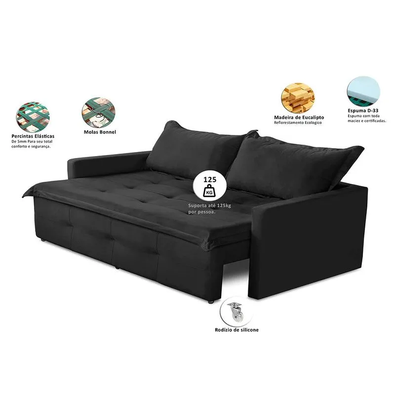Sofá Sem Caixa Retrátil e Reclinável 2,00m com Molas Bianca Suede Preto Madelina Decor