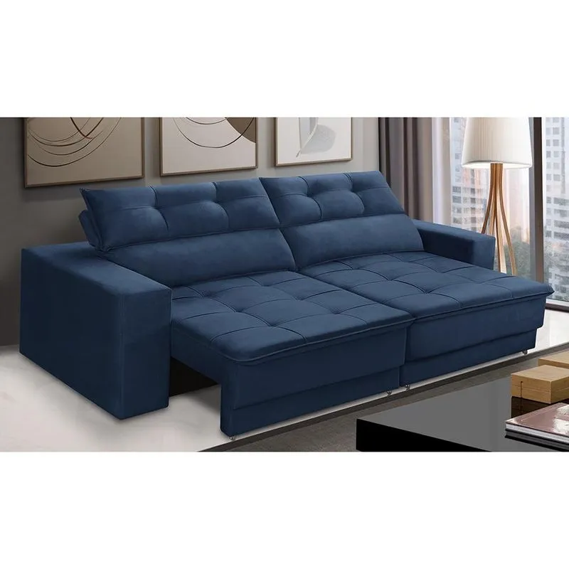 Sofá Retrátil E Reclinável 3 Lugares 2,30m Com Molas Emily Suede Azul Adonai Estofados