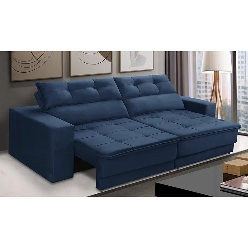 Sofá Retrátil e Reclinável 3 lugares 2,50m com Molas Emily Suede Azul Adonai Estofados
