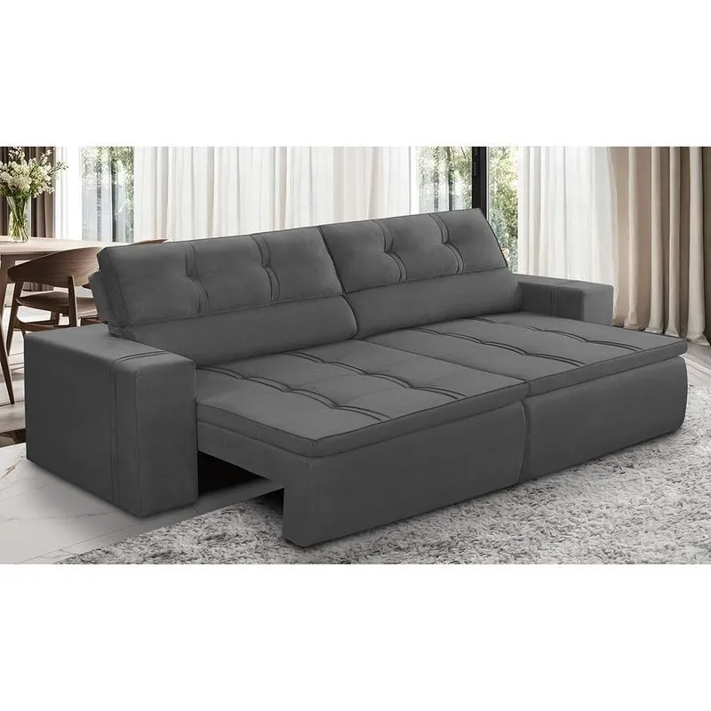 Sofá Retrátil e Reclinável 3 lugares 2,10m com Molas Stella Suede Cinza Adonai Estofados