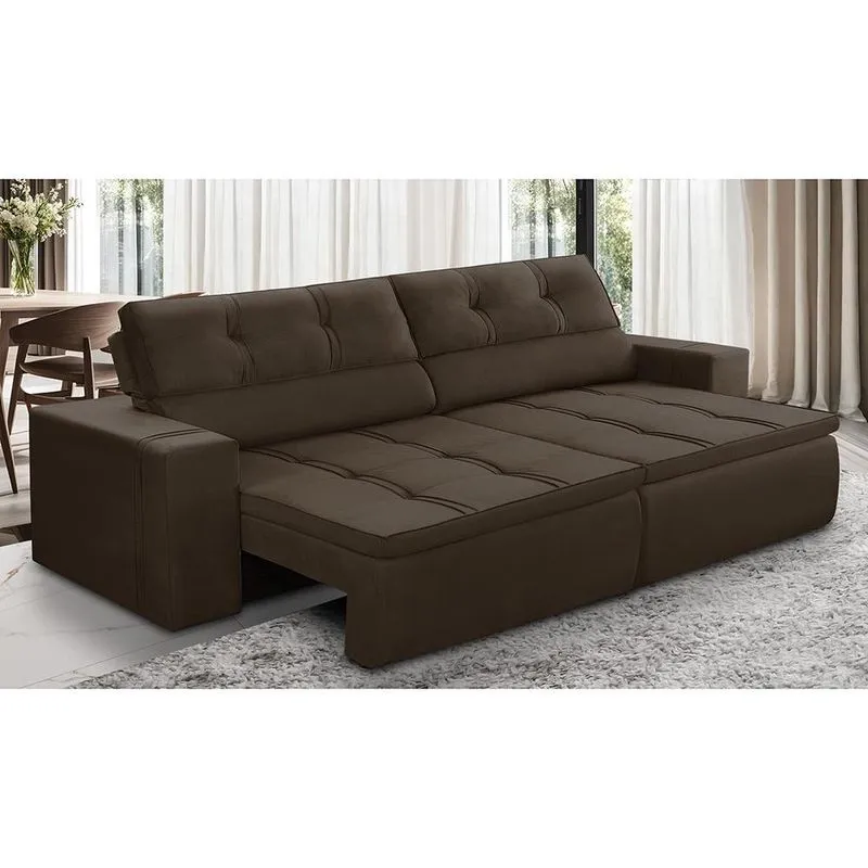 Sofá Retrátil e Reclinável 3 lugares 2,10m com Molas Stella Suede Marrom Adonai Estofados
