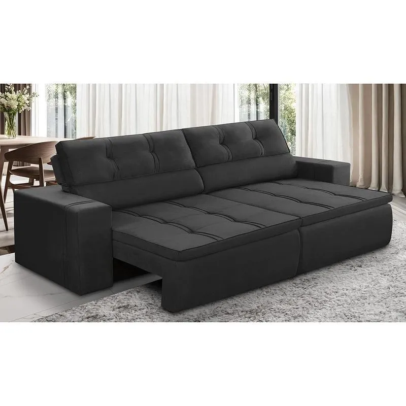 Sofá Retrátil e Reclinável 3 lugares 2,10m com Molas Stella Suede Preto Adonai Estofados