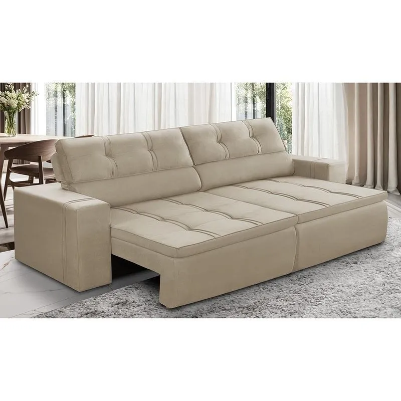 Sofá Retrátil e Reclinável 3 lugares 2,30m com Molas Stella Suede Bege Adonai Estofados