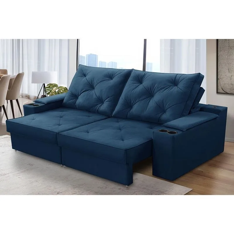 Sofá Retrátil Reclinável 3 lugares 2,00m com Porta Copos e USB Helena Suede Azul Adonai Estofados