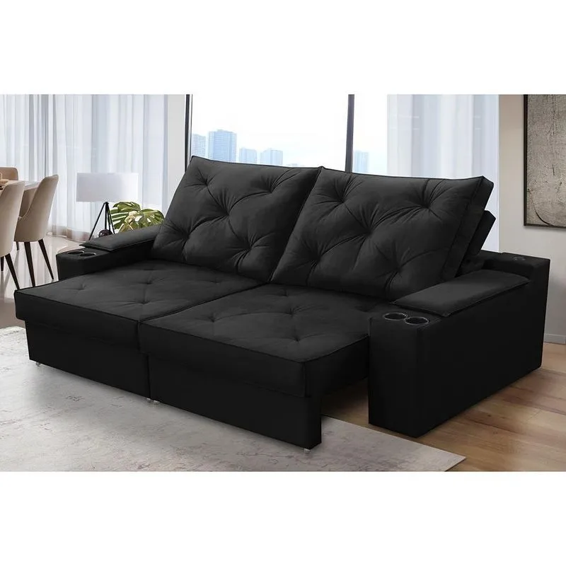 Sofá Retrátil Reclinável 3 lugares 2,00m com Porta Copos e USB Helena Suede Preto Adonai Estofados