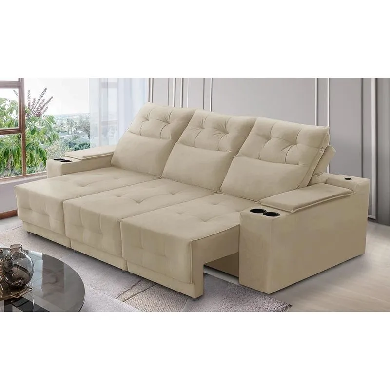 Sofá Retrátil Reclinável 3 lugares 2,10m com Porta Copos e USB Hannah Suede Bege Adonai Estofados
