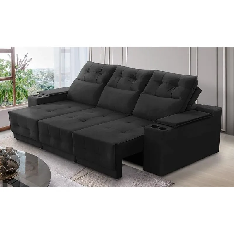 Sofá Retrátil Reclinável 3 lugares 2,10m com Porta Copos e USB Hannah Suede Preto Adonai Estofados