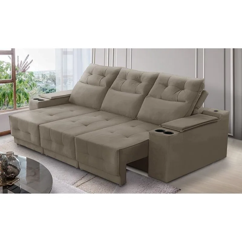Sofá Retrátil Reclinável 3 lugares 2,30m com Porta Copos e USB Hannah Suede Capuccino Adonai Estofados