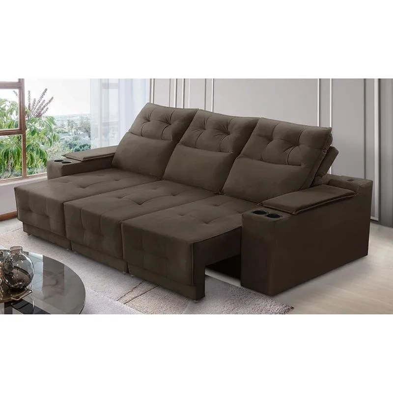 Sofá Retrátil Reclinável 3 lugares 2,30m com Porta Copos e USB Hannah Suede Marrom Adonai Estofados