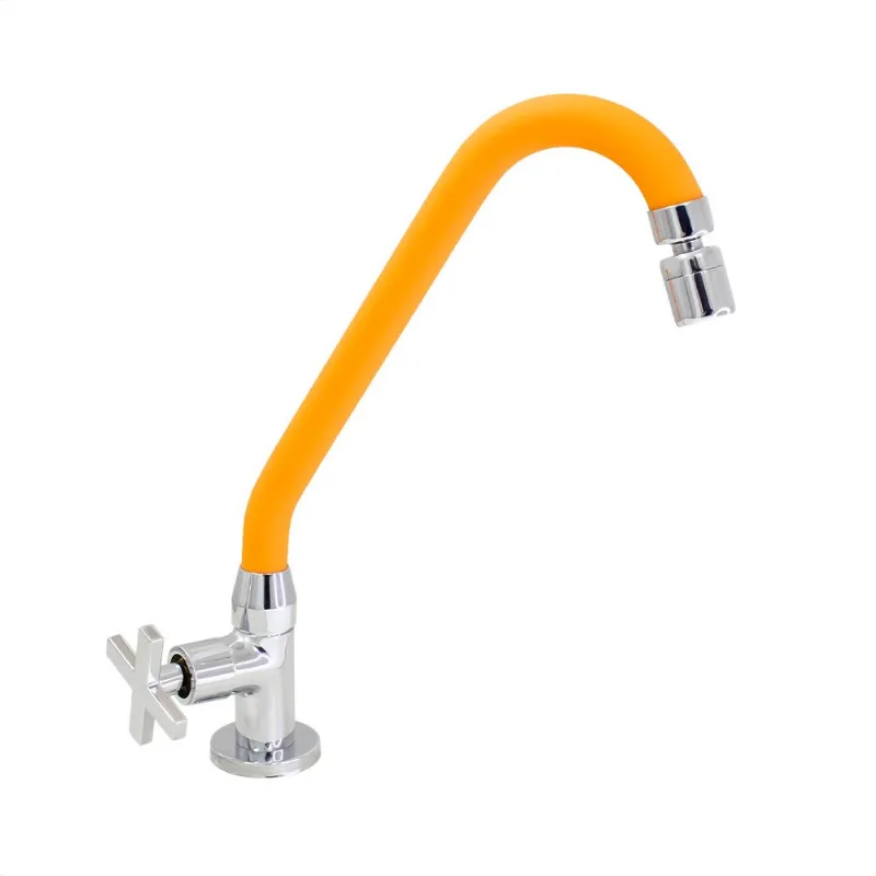 Torneira De Cozinha Gourmet Laranja Para Mesa Bica Móvel Inox Revestido Silicone Com Arejador Articulado 1/4 de Volta