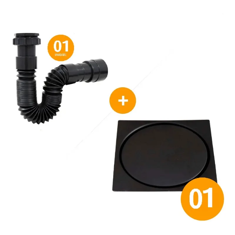 Ralo Click Quadrado 15x15+ Sifão Sanfonado Pvc Preto Kit 2un