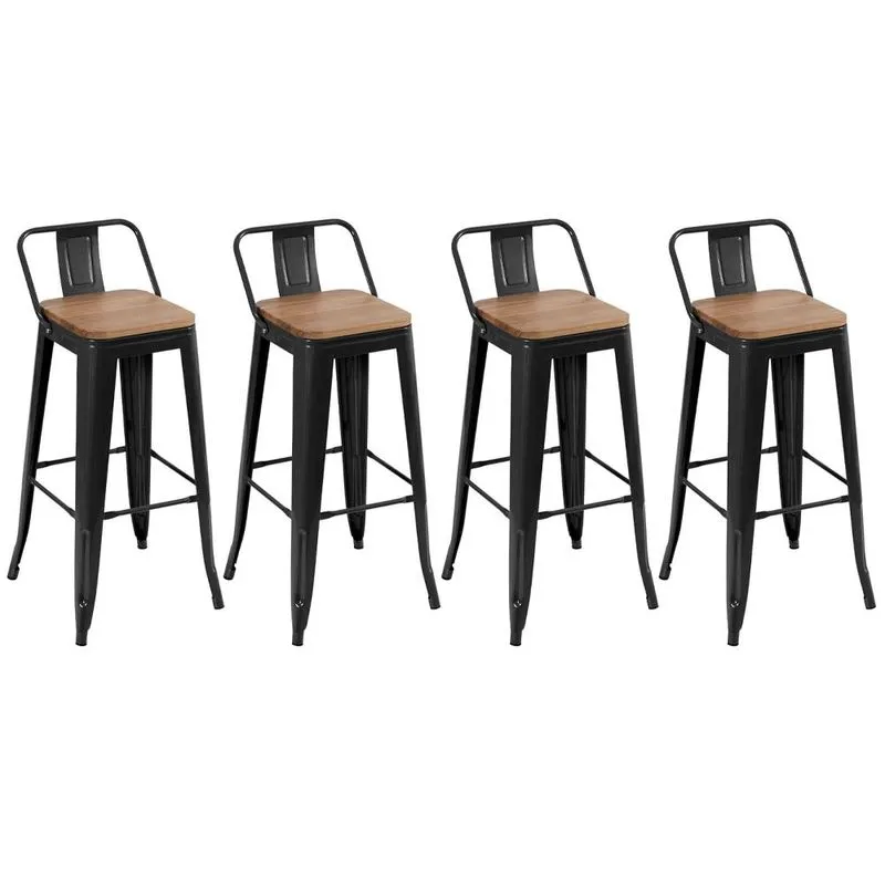 Kit 4 banquetas altas Iron Tolix com encosto e assento madeira 76 cm industrial bancada bar cozinha Preto