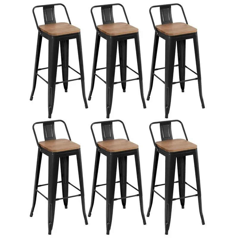 Kit 6 banquetas altas Iron Tolix com encosto e assento madeira 76 cm industrial bancada bar cozinha Preto