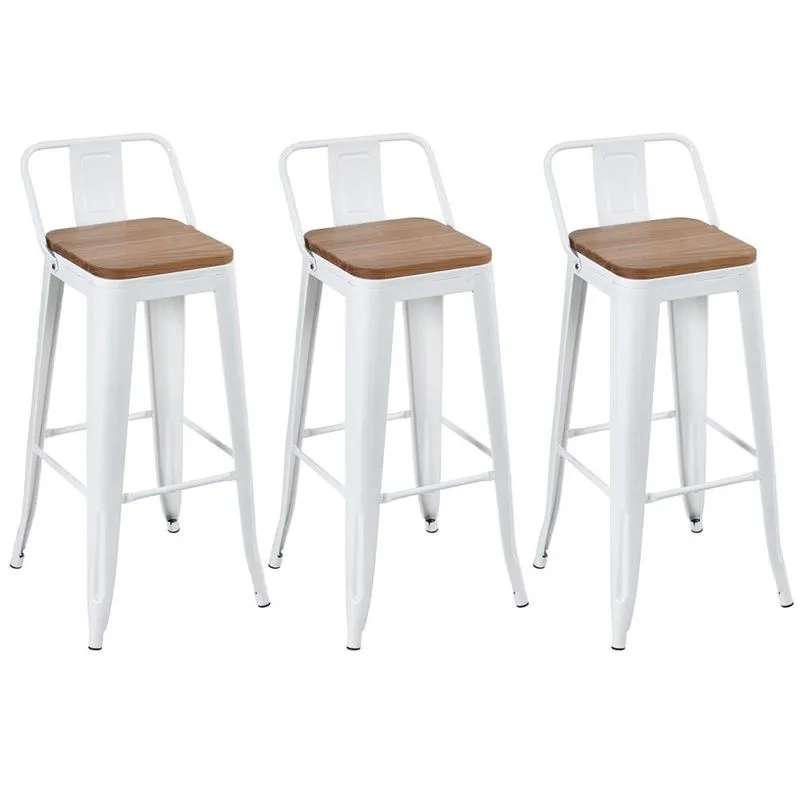 Kit 3 banquetas altas Iron Tolix com encosto e assento madeira 76 cm industrial bancada bar cozinha Branco