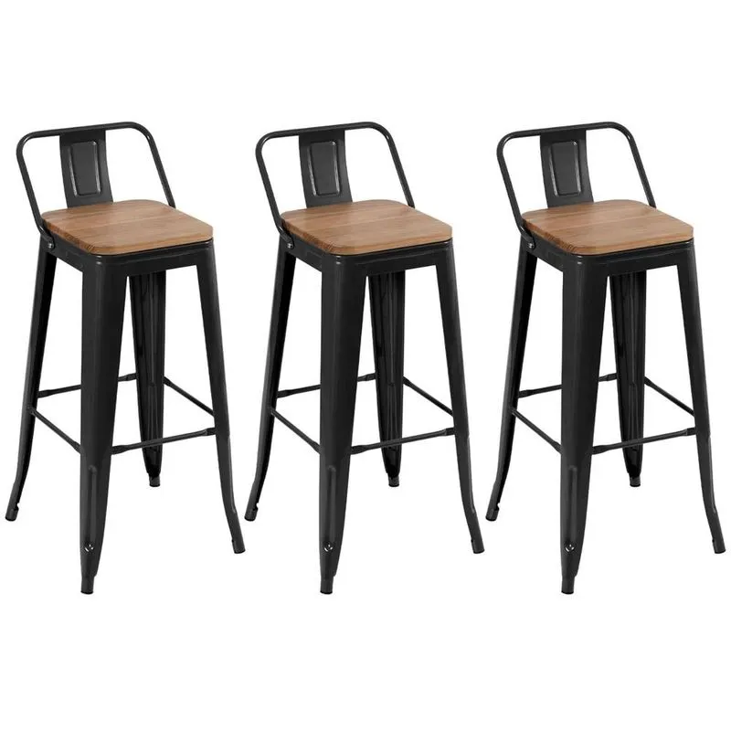 Kit 3 banquetas altas Iron Tolix com encosto e assento madeira 76 cm industrial bancada bar cozinha Preto