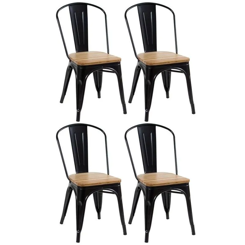 Kit 4 Cadeiras Iron Tolix Com Assento De Madeira Industrial Jantar Cozinha Preto Preto