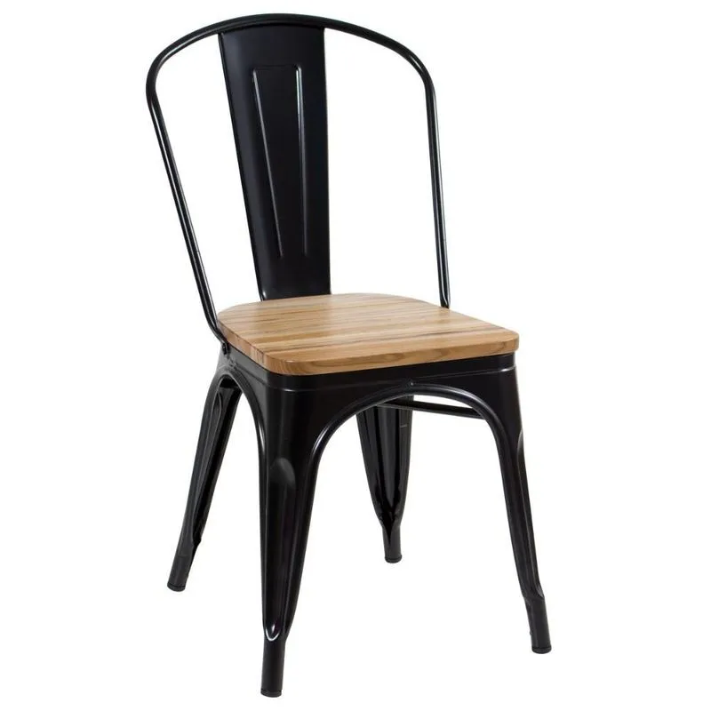 Cadeira Iron Tolix Com Assento De Madeira Industrial Jantar Cozinha Preto