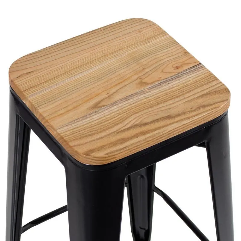 Banqueta alta Iron Tolix com assento de madeira 76 cm industrial bancada bar cozinha Preto