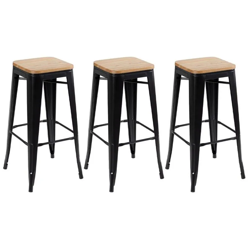 Kit 3 banquetas altas Iron Tolix com assento de madeira 76 cm industrial bancada bar cozinha Preto