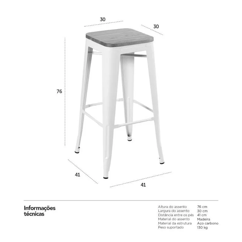 Kit 4 banquetas altas Iron Tolix com assento de madeira 76 cm industrial bancada bar cozinha Branco