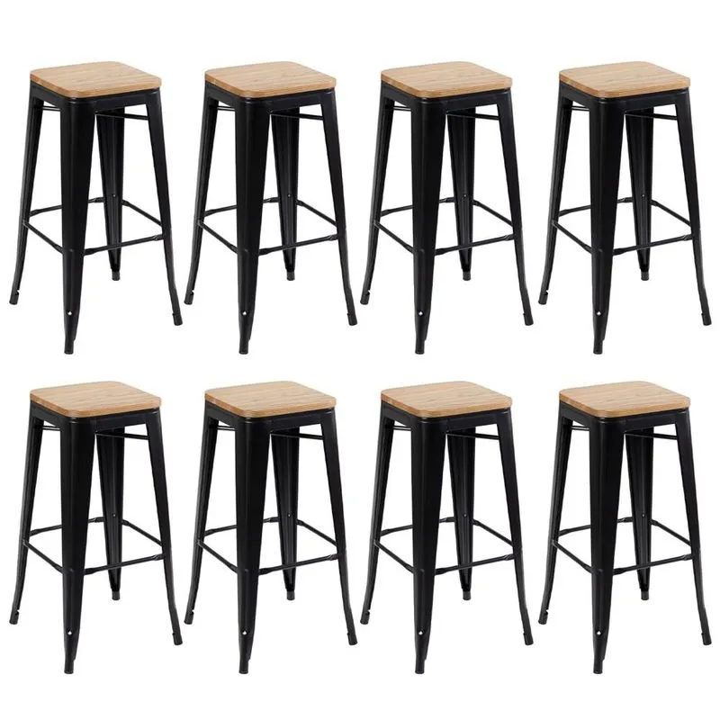 Kit 8 banquetas altas Iron Tolix com assento de madeira 76 cm industrial bancada bar cozinha Preto