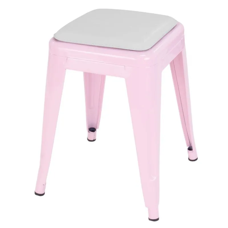 Banqueta baixa Iron Tolix 45 cm design industrial com almofada Rosa claro com almofada branca