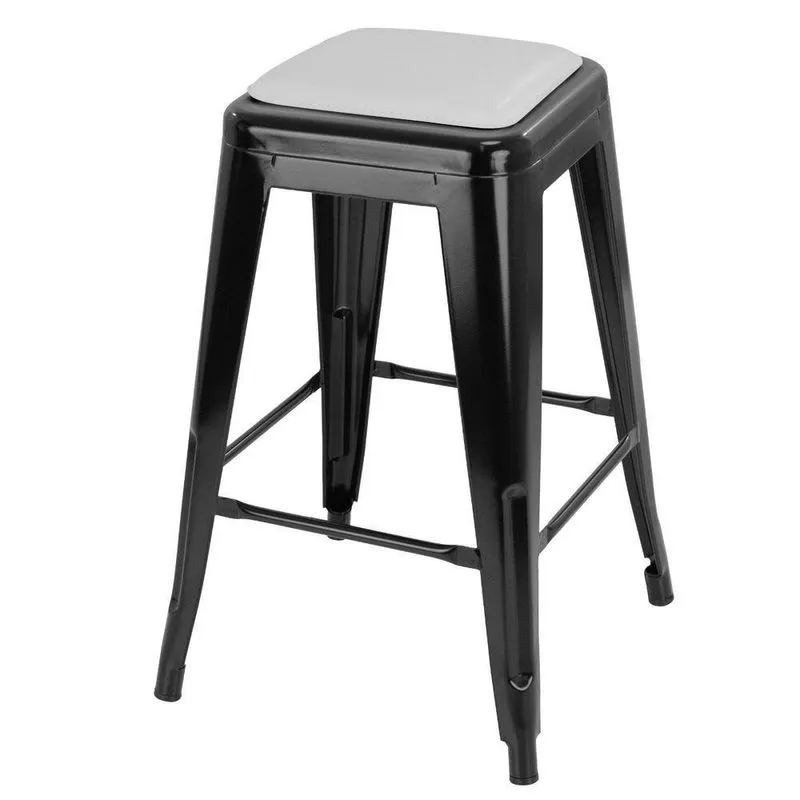 Banqueta Média Iron Tolix 61cm Design Industrial Com Almofada Preto Com Almofada Branca