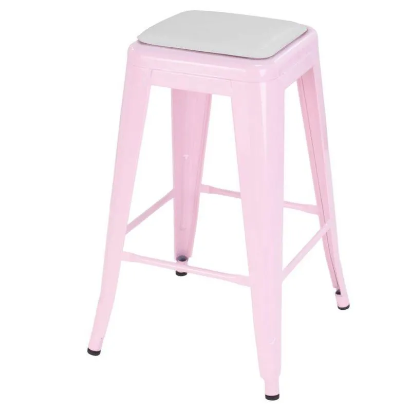 Banqueta Média Iron Tolix 66cm Design Industrial Com Almofada Rosa Claro Com Almofada Branca