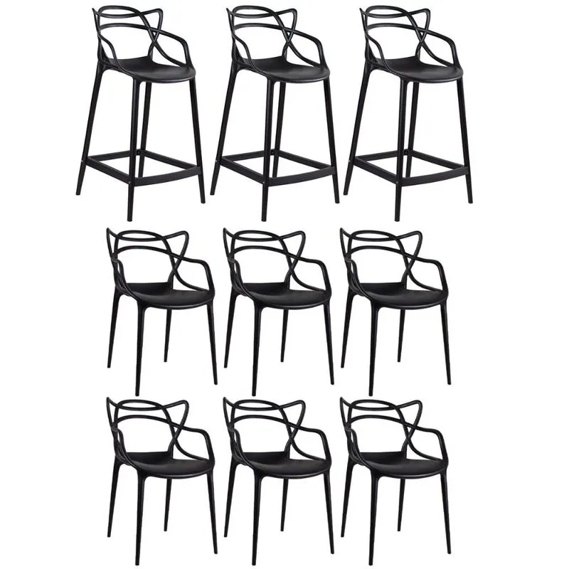 Kit 6 cadeiras + 3 banquetas médias Masters Allegra Preto