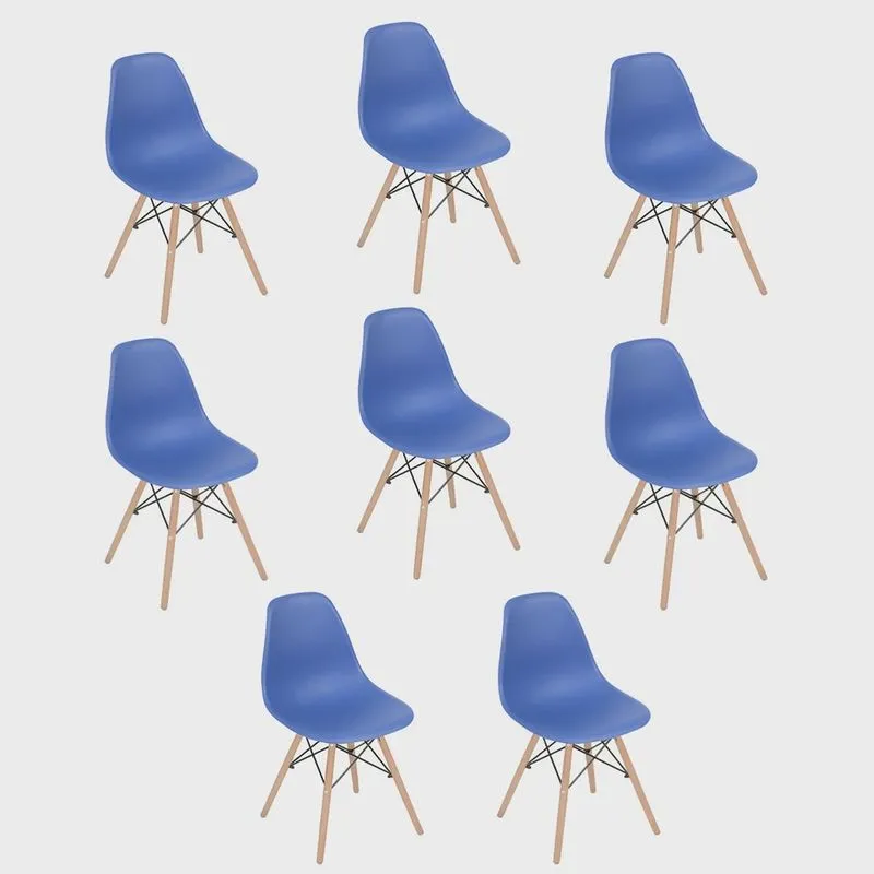 Kit 8 cadeiras Charles Eames Eiffel dsw com pés de madeira clara Azul escuro