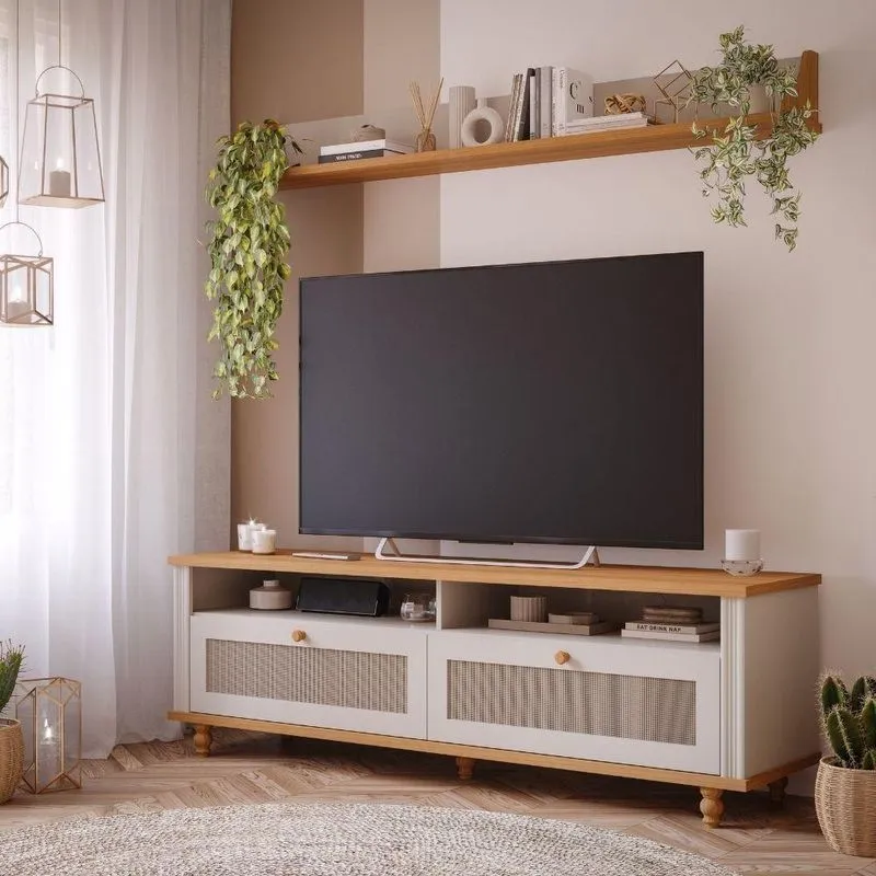 Bancada Para Tv Com Prateleira 100% Mdf Lavanda Permobili Off White/nature Off White/nature