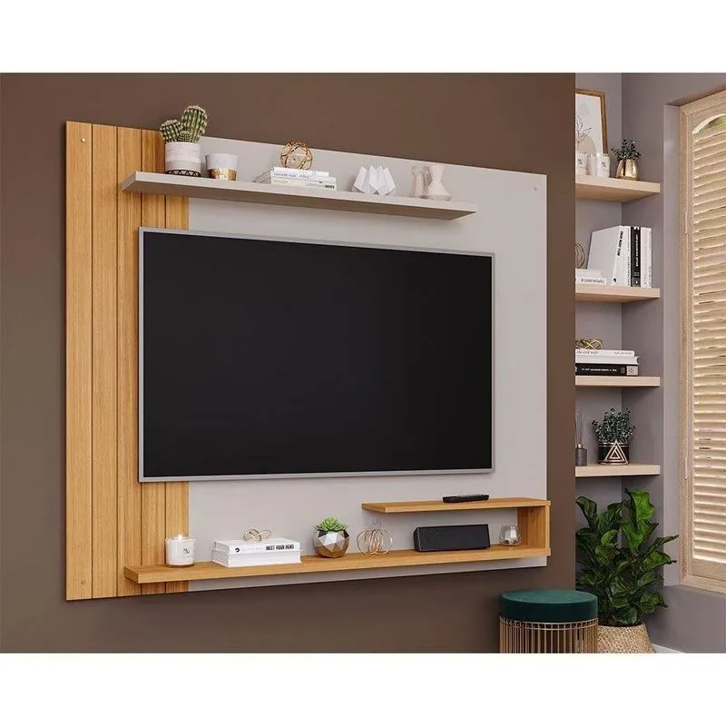 Painel Home Para Tv Até 50 Pol Floripa Com Prateleiras Ripado 161x135cm Off White-nature - Permóbili