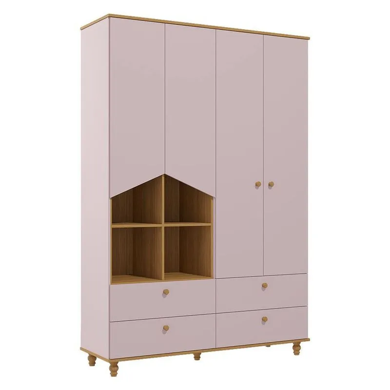 Guarda Roupa Infantil Casinha 4 Portas e 4 Gavetas - Permóbili Baby Rosê/Nature