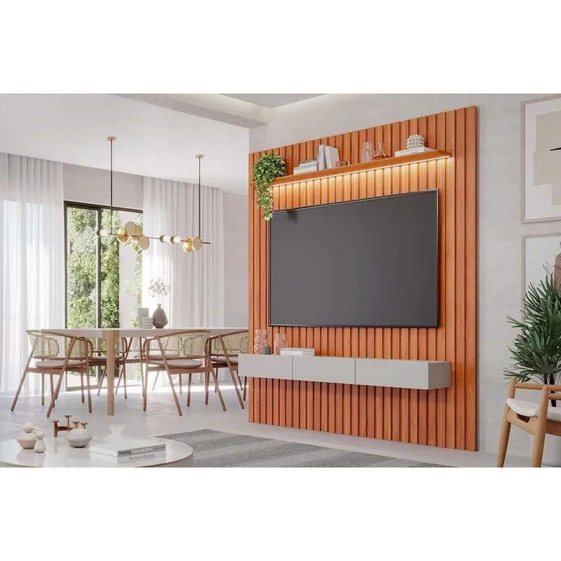 Home p/ TV até 65 Pol Maragogi Ripado 1.85 c/ Led 1 Porta Basculante e 2 Gavetas 185x220cm Cinamomo/Off White - Permóbili