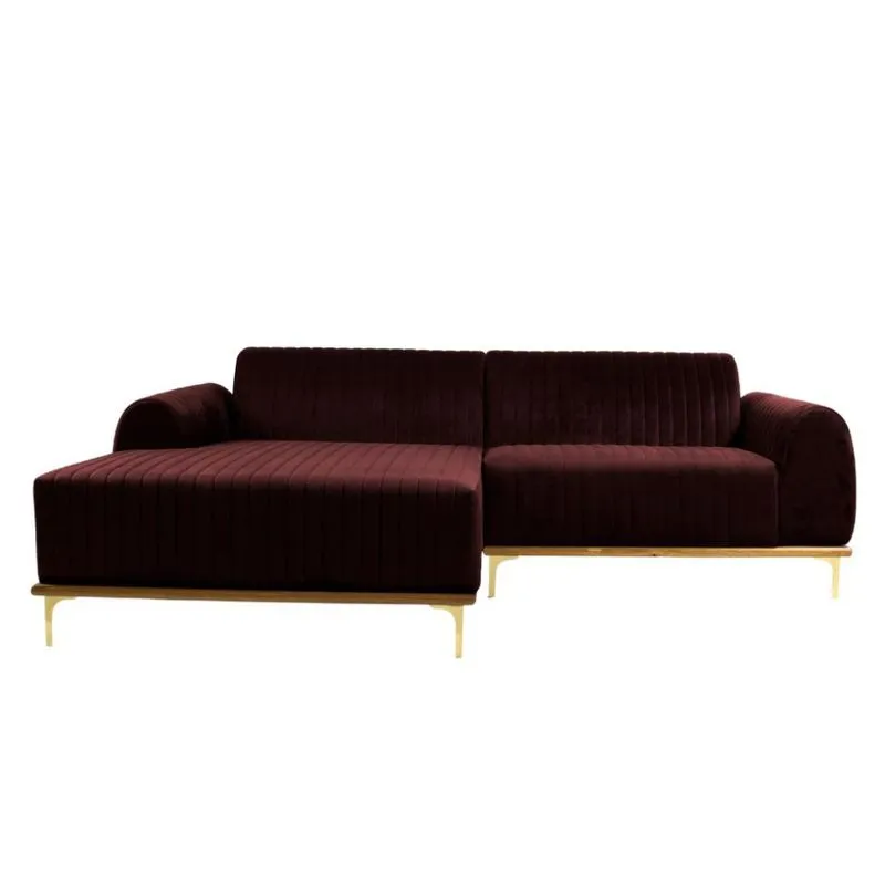 Sofá 3 Lugares Molino com Chaise Esquerdo Veludo Marrom e Dourado