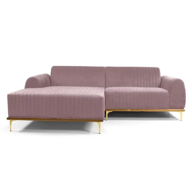 Sofá 3 Lugares Molino com Chaise Esquerdo Veludo Rosa e Dourado