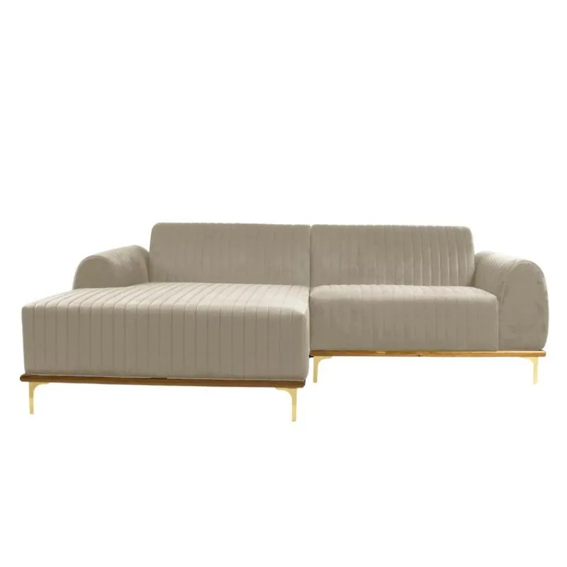 Sofá 3 Lugares Molino com Chaise Esquerdo Veludo Creme e Dourado