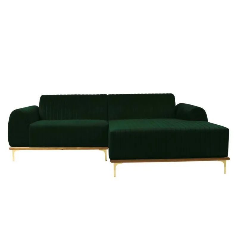 Sofá 3 Lugares Molino com Chaise Esquerdo Veludo Verde e Dourado