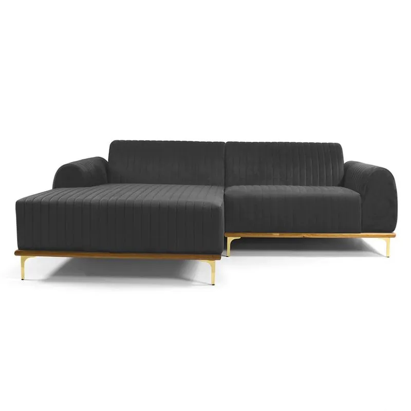 Sofá 3 Lugares Molino com Chaise Esquerdo Veludo Cinza e Dourado
