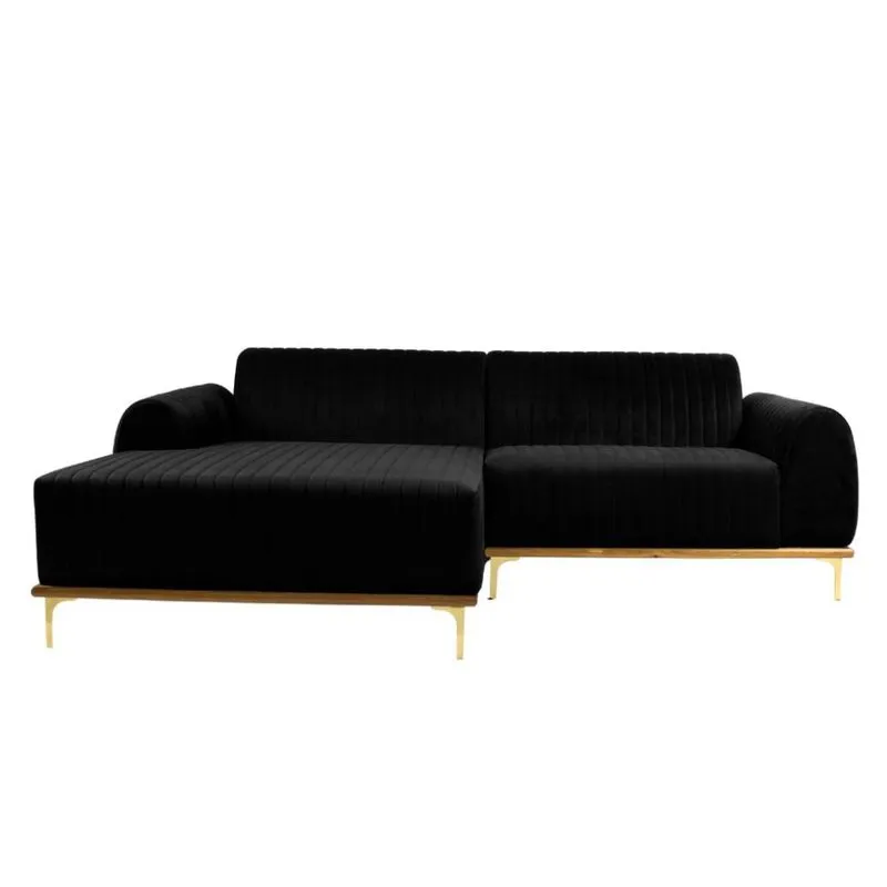 Sofá 3 Lugares Molino com Chaise Esquerdo Veludo Grafite e Dourado