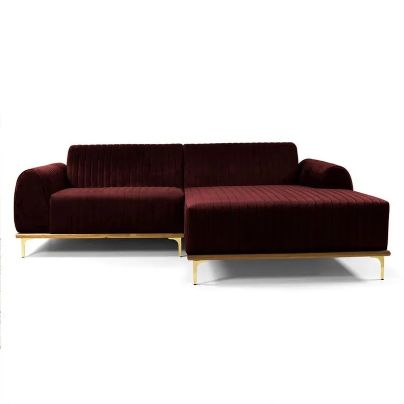 Sofá 3 Lugares Molino com Chaise Direito Veludo Bordô e Dourado