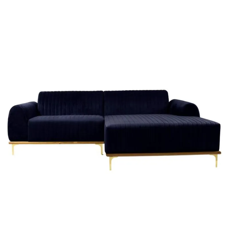 Sofá 3 Lugares Molino com Chaise Direito Veludo Azul Marinho e Dourado