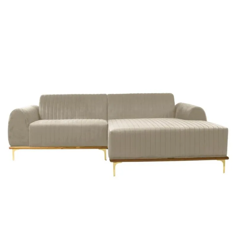 Sofá 3 Lugares Molino com Chaise Direito Veludo Creme e Dourado